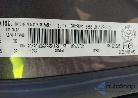 2015 Chrysler Town & Country Touring-L из США, поврежденный, VIN 2C4RC1CG6FR654139